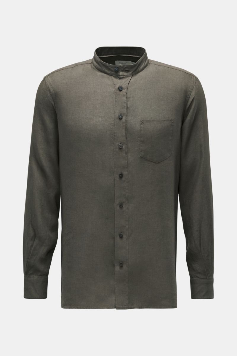 Leinenhemd 'Linen Collar Shirt' Grandad-Kragen oliv