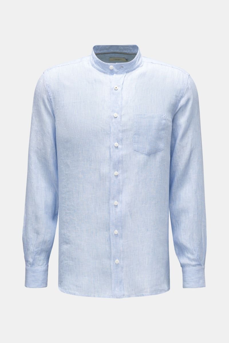 Leinenhemd 'Striped Linen Collar Shirt' Grandad-Kragen rauchblau/weiß gestreift